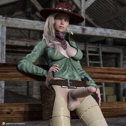 1futa 3d 3d_(artwork) areolae balls belt blonde_hair breasts casual casual_erection casual_exposure casual_nudity cowgirl crotchless erection firearm futa_only futanari gun handkerchief headwear human intersex looking_at_viewer nipple_slip pale_skin penis penis_out plaid_vest revolver solo solo_futa sostene