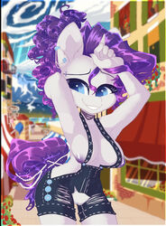 2019 anthro anthrofied armpits blue_eyes breasts clothed clothing detailed_background equid equine female friendship_is_magic front_view genitals grin hand_behind_head happy hasbro hi_res hiccupsdoesart horn humanoid_hands mammal my_little_pony nipples outside overalls partially_clothed portrait purple_nipples pussy rarity_(mlp) smile solo standing straight_hair three-quarter_portrait unicorn white_body