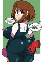 1girls ass big_ass big_breasts bottom_heavy breasts brown_hair cheating fat_ass female gloves heart-shaped_pupils hero_outfit(mha) huge_breasts large_ass large_breasts looking_back medium_hair mirio_togata my_hero_academia ochako_uraraka shingattai skin_tight speech_bubble standing text thick_ass thick_thighs thighs voluptuous