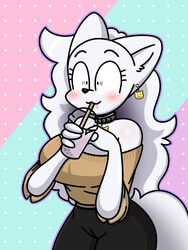 3:4 anthro beverage blanca blanca_(nicky_illust) blush bubble_tea canid canine canis colla domestic_dog drinking ear_piercing ear_ring female fluffy fluffy_tail fur hair hi_res long_hair mammal nicky_illust nordic_sled_dog piercing samoyed simple_background solo spitz surprise white_body white_fur white_hair wide_eyed