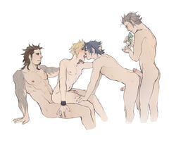 4boys final_fantasy final_fantasy_xv foursome gay gladiolus_amicitia hi_res highres human human_only ignis_scientia kaciart male male/male male_only male_penetrated male_penetrating noctis_lucis_caelum nude penis polyamory prompto_argentum square_enix tattoo white_background yaoi