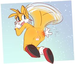 anthro anus ass backsack balls canid canine clothing flying footwear fox genitals handwear hi_res ikkykrrk male male_only mammal mooning mostly_nude presenting shoes solo sonic_(series) sonic_the_hedgehog_(series) tails tongue tongue_out