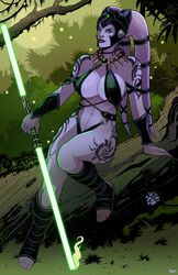 belly bocas_top bracelet double_bladed_lightsaber jedi jungle jungle_girl large_breasts lightsaber original_character purple_skin ramartwork revealing_clothes star_wars tattoo twi'lek voluptuous