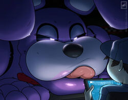 1boy 1girls animatronic anthro bonnie_(fnaf) bowtie camera five_nights_at_freddy's giantess glowing_eyes hyper_lips larger_female licking_lips looking_at_partner purple_lipstick security_guard tablet walter_sache