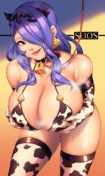 1girls barcode bare_shoulders bare_thighs bell big_breasts bikini bra breast_grab camilla_(fire_emblem) cleavage collar cow_girl cow_print ear_piercing ear_tag elbow_gloves fire_emblem fire_emblem_fates gloves holding_breast holding_own_breast huge_breasts large_breasts leash licking_lips lips long_hair looking_at_viewer naughty_face nintendo number_tag one_eye_covered petplay piercing purple_hair red_eyes seductive seductive_smile seios solo solo_female steam steaming_body sweat tag thick_lips thick_thighs thighhighs tongue voluptuous year_of_the_ox