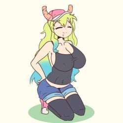 animated belly_bulge big_belly big_breasts blonde_hair blue_hair bouncing_breasts burping closed_eyes clothing digestion english_text fatal female fetal_movement green_hair hat heart horns miss_kobayashi's_dragon_maid multicolored_hair quetzalcoatl_(dragon_maid) shoes signature size_difference sneakers tagme tasley91 vore