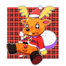 1:1 1boy animal_crossing anthro balls blush bodily_fluids boots bottomless capreoline cervid chibi christmas christmas_clothing clothed clothing embarrassed footwear genital_fluids genitals hi_res holidays jingle_(animal_crossing) male male_only mammal nintendo penis precum reindeer solo tnoc_1100 video_games