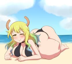 barefoot beach big_ass big_breasts blonde_hair blue_hair blush cleavage female fetal_movement green_eyes horn huge_belly laying_down looking_at_viewer miss_kobayashi's_dragon_maid multicolored_hair ocean quetzalcoatl_(dragon_maid) sideboob smiling starcrossing stomach_bulge swimsuit unseen_character vore