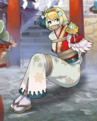 1girls alternate_costume arms_behind_back blue_eyes bondage bound bound_ankles bound_arms bound_legs female femsub fire_emblem fire_emblem_heroes fjorm_(fire_emblem) fjorm_(new_year)_(fire_emblem) gag gagged japanese_clothes looking_at_viewer mikesedam2 new_year nintendo restrained solo solo_female tape tape_bondage tape_gag taped_ankles taped_arms taped_legs taped_mouth