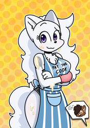 anthro apron blanca blanca_(nicky_illust) brown_body brown_fur brown_hair canid canine canis clothed clothing cooking dialogue domestic_dog duo english_text female hi_res long_fur long_hair male mammal nicky_illust nordic_sled_dog partially_clothed purple_eyes samoyed siroc_(character) spitz stains text underwear white_body white_fur white_hair