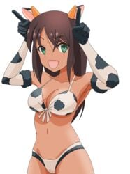 alice_gear_aegis breasts brown_hair cow_bikini cowgirl green_eyes kaneshiya_sitara navel open_mouth tan