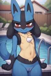 ai_generated anthro blue_body female lucario nude_female pokemon pokemon_(species) pool pussy red_eyes spikes wet_body