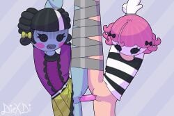 2girls black_hair blue_skin bow cel_shading charlotte_charades diexdi dildo doll double_dildo female flat_chest lalaloopsy mime multiple_girls pink_hair pussy scraps_stitched_n_sewn shared_object_insertion shirt short_hair skirt split