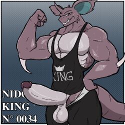 anthro athletic_wear balls big_penis black_bottomwear black_clothing black_topwear bodily_fluids bottomwear clothing digital_media_(artwork) dugdog erection flexing flexing_bicep generation_1_pokemon genital_fluids genitals hand_on_hip horn looking_at_viewer male male_only muscular muscular_male nidoking nintendo penis pokemon pokemon_(species) purple_body revealing_tank_top shorts simple_background smile solo sweat tail teeth text topwear