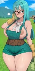 noodle_jacuzzi ai_generated 1girl tomboy teal_hair long_hair blunt_bangs aqua_eyes large_breasts wide_hips thick_thighs glasses white_ascot yellow_gloves areola_slip green_overalls naked_overalls sweat blush sigh one_eye_closed looking_to_the_side solo female_focus cowboy_shot outdoors grass vegetable wiping_sweat holding_cabbage farmer farmgirl brown_waistband field dragon_quest_builders_2 dragon_quest rosie_(dragon_quest_builders_2)