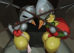 2girls armor ass big_breasts blue_eyes cranihum female female_only goblin goblin_female green_skin halberd helmet huge_breasts looking_at_viewer original pointy_ears pov pov_eye_contact reflection shortstack tani_(cranihum) thick_ass thick_thighs very_high_resolution
