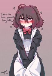 1boy 1femboy adorable beautiful blush brown_hair cleaning cute cute_expression cute_eyes cute_face cute_male embarrassed femboy kuroyuu-chi maid maid_dress maid_outfit maid_uniform male obedience ordering purple_eyes scolding silly silly_face stupid stupid_looking touching_penis