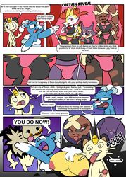 absurd_res anthro balls_in_panties black_body black_eyes black_fur blue_body blush bodily_fluids braixen breasts brionne bulge comic dialogue english_text fake_breasts fangs female frown fur generation_4_pokemon generation_6_pokemon genital_fluids genitals group hi_res humanoid_genitalia humanoid_penis hypnosis lipstick lopunny makeup male mega_evolution mega_lopunny meowth mimikyu mind_control nervous nintendo not_a_furfag penis pokémon_(species) pokemon pokemon_(species) pupils purple_body purple_fur purple_pupils purrloin pussy pussy_juice sabaton_(comment_section) scam tan_body tan_fur text tongue tongue_out tuft video_games virgin white_body yellow_body yellow_fur