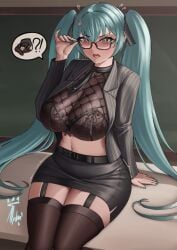 1girls alphavenato bare_midriff belt cleavage exposed_midriff female female_only glasses goddess_of_victory:_nikke midriff miniskirt nail_polish painted_fingernails painted_nails pinstripe_pattern privaty_(nikke) privaty_(sharp_lesson)_(nikke) sheer_clothing sitting_on_table skirt thighhighs