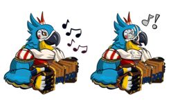 1boy absurd_res accordion anthro avian beak bird blue_body blue_feathers bodily_fluids breath_of_the_wild clothing cum cum_in_mouth cum_inside cum_on_face feathers gay genital_fluids heart hi_res jingletheraven kass_(zelda) leather leather_clothing male male_only musical_instrument musical_note nintendo rito scarf simple_background solo the_legend_of_zelda tongue video_games wings yaoi yellow_body yellow_feathers