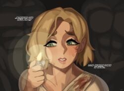 1girls 2boys 2d absurd_res biting_lip blonde_hair capcom dialogue english_text female grace_ashcroft grace_ashcroft_(julia_pratt) green_eyes light-skinned_female light_skin lips lipstick_mark makeup mole resident_evil resident_evil_9:_requiem sfw short_hair solo_focus spicyramen_(ramieramen1) sweat text