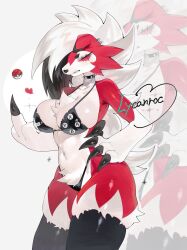 1girls 3_fingers anthro big_breasts bikini black_bikini black_hair black_thighhighs claws earrings english_text eyelashes female female_only fur furry generation_7_pokemon hand_on_hip hi_res long_hair looking_at_viewer lycanroc middle_finger midnight_lycanroc nintendo pokemon pokemon_(species) red_eyes sharp_claws solo spiked_collar text thick_thighs thigh_squish thighhighs toge77789 togetoge white_background white_hair