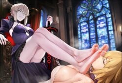 ai_art ai_generated angra_mainyu_(fate) artoria_pendragon_(alter) bare_legs barefoot blonde_hair breasts chains cleavage closed_eyes crossed_legs duo fate/grand_order fate/stay_night fate_(series) female female_only foot_domination foot_fetish foot_focus foot_lick foot_worship jeanne_d'arc_(fate) legs licking lying lying_on_back multiple_girls possessed possession saber_alter smile sword tagme tears xiyuge_dream_(generator) yellow_eyes yuri