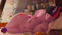 2026 3d_(artwork) absurd_res alarm_clock alicorn anthro areola bed beverage big_breasts book breasts clock closed_eyes cutie_mark digital_media_(artwork) equid equine eyelashes female food friendship_is_magic furniture genitals hair hand_on_chest hasbro hi_res horn huge_breasts inside lying lying_on_bed mammal multicolored_hair my_little_pony mythological_creature mythological_equine mythology navel nipples nude on_bed pillow purple_body purple_hair sleeping solo solohaiden thick_thighs twilight_sparkle_(mlp) vulva wide_hips wings