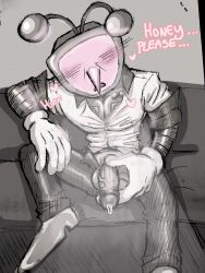 antennae_(anatomy) asking_for_it asking_viewer big_penis blush deltarune deltarune_chapter_3 dick_out drunk drunk_male fully_clothed gloved_hands horny horny_male letttusse looking_at_viewer male male_only object_head penis_out penis_out_of_pants pet_names precum precum_on_penis tenna_(deltarune) text tv_head