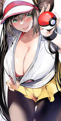 blush breasts brown_hair cleavage cleavage_pull double_bun green_eyes huge_breasts looking_at_viewer marushin_(denwa0214) poke_ball pokemon pokemon_bw2 rosa_(pokemon) shirt_pull smile tongue_out