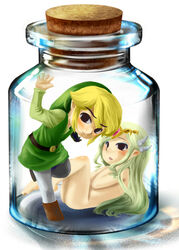 1boy 1girls 2011 belt black_eyes blonde_hair blush boots bottle bottle_meme_(pixiv) clothed clothed_male_nude_female clothing covering feet female green_clothing hair_ornament hat in_bottle in_container jar jewelry link long_hair male meme miniboy minigirl nude pants princess princess_zelda standing standing_on_one_leg the_legend_of_zelda the_wind_waker thighs tiara toon_link toon_zelda watariga_iruka wind_waker wings young