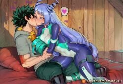 ai_generated amadeus_v bed blue_eyes blue_hair blush bodysuit boku_no_hero_academia breasts clothed clothing covered_navel drill_hair duo female footwear freckles furniture gloves green_bodysuit green_hair grinding hadou_nejire hair hair_horns heart hood hood_down hoodie inside izuku_midoriya kissing large_breasts long_hair male male/female midoriya_izuku my_hero_academia nejire_hado on_bed pillow sitting straight tagme text topwear very_long_hair