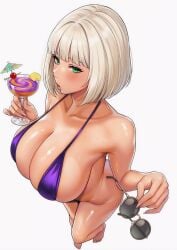 bikini blunt_bangs blush bob_cut breasts cel_shading censored curvy_figure detailed_anatomy detailed_eyes digital_illustration drink eyewear_removed female female_only from_above green_eyes high_angle high_quality high_specular_highlights holding_glass holding_sunglasses hugest_breasts leaning_forward lollololli looking_at_viewer massive_breasts metallic_bikini micro_bikini narrow_waist navel oily_skin original perspiration platinum_blonde_hair purple_bikini seductive shiny_bikini shiny_skin short_hair shot smile soft_shading solo standing stomach string_bikini sunglasses sweat thick_thighs under-cleavage voluptuous wet_skin white_background wide_hips