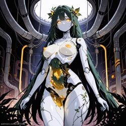 ai_generated dryad female female_only girl girl_only glowing_eyes green_hair long_hair meimeg naked no_mouth plant_hair robot robot_girl robot_humanoid robot_joints robotic robotic_body solo_female solo_girl standing white_skin white_skinned_female yellow_eyes yellow_eyes_female yellow_nipples yellow_pussy