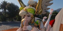 1boy 1girls 3d blizzard_entertainment blonde_hair blowjob blue_eyes couch feet feet_up fellatio female_focus mercy oral overwatch penis winged_victory_mercy