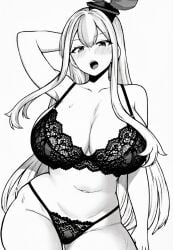 1girls ai_generated annoyed black_bra black_lace black_lace_bra black_lace_panties black_panties black_thong black_thong_panties blush bra breasts hat himajin_noizu huge_breasts keine_kamishirasawa long_hair looking_at_viewer manga_style milf mommy monochrome navel one_arm_behind_head open_mouth panties remake remastered solo standing touhou touhou_project wet white_background white_hair