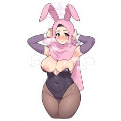 1girls ai ai_generated areola areolae_visible_through_clothing arm_sleeves big_breasts blue_eyes breasts_spilling_out chubby chubby_female chubby_thighs curvaceous curvy curvy_female curvy_figure cute_face female fupa hands_behind_back hijab hijabi large_breasts leotard leotard_spandex muslim muslim_female nipples nipples_outside steam steamy steamy_armpits