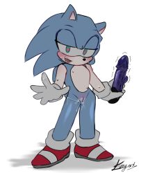 anthro blue_fur cuntboy dildo exegard exposed_torso footwear green_eyes handwear heart-shaped_pupils intersex looking_at_viewer male_only purple_dildo pussy_juice sex_toy sonic_(series) sonic_the_hedgehog white_background