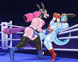 2026 absurd_res anthro ball_punching ballboxing ballbusting bodily_fluids boxing boxing_gloves breath butt chillet clothing cock_and_ball_torture cock_sheath dcheese digital_media_(artwork) duo erection erection_under_clothing fight fighting_ring genital_outline genital_torture genitals handwear headgear hi_res leather leather_clothing leather_headgear legwear lovander male male/male male_only muscular muscular_male pal_(species) palmorph palworld penis penis_clothing pocketpair punch sport sweat tapering_penis thick_thighs thigh_highs thong underwear