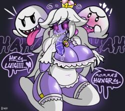 areolae areolae_slip belly blush boo_(mario) boosette breasts chubby chubby_female cleavage cleavage_overflow clothes darkwolfhybrid gloves glowing_eyes huge_breasts long_tongue luigi's_mansion mario_(series) name_drop new_super_mario_bros._u_deluxe nintendo saliva saliva_drip super_crown thick_thighs thighhighs tongue