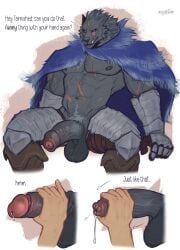 2026 abs ambiguous_gender ambiguous_human ambiguous_on_anthro anthro armor balls big_balls big_penis biped black_sclera blaidd_(elden_ring) bodily_fluids boots canid canine canis clothing cuisse deaddragonp digital_media_(artwork) duo elden_ring english_text erection facial_scar fangs footwear fromsoftware grey_fur handjob handwear hi_res human human_on_anthro humanoid_genitalia mammal muscular muscular_anthro muscular_male pecs penile penis precum presenting presenting_penis pubes purple_eyes requesting scar scars_all_over sex sex_request shoes sitting spread_legs spreading teeth text vambrace vein veiny_penis wolf