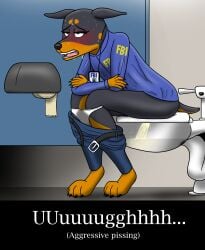 anthro bathroom belt bodily_fluids canid canine canis clothing dobermann domestic_dog fbi female genital_fluids hi_res knottyknight mammal omorashi open_belt panties peed peeing pinscher police police_officer police_uniform public_restroom relieved restroom_stall sitting sitting_on_toilet solo toilet toilet_paper toilet_use underwear uniform urine urine_pool urine_stream watersports wet