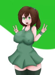 big_breasts breasts brown_hair burpy_chan female funlitogc gassychan_(artist) girl green_eyes huge_breasts large_breasts leti nipples_visible_through_clothing chubby chubby_female peace_sign
