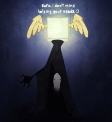 1boy cloak cloak_only cube cube_head glowing glowing_head god greedyghoul head_wings no_face object_head oc original original_character penis tagme text void wings