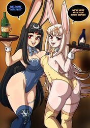 2girls ass bangs black_eyebrows black_hair blonde_hair body_markings bunny_ears bunny_girl bunny_tail bunnysuit celeste_(kinkymation) cleavage detached_collar drink estella_(kinkymation) facial_markings female female_only forehead_jewel heart-shaped_pupils highres holding_tray humanoid kinkymation lagomorph_humanoid legband legwear long_hair neck_ribbon neckband original rabbit_girl red_eyes smiling thick_eyebrows thick_thighs thighhighs tray upper_teeth