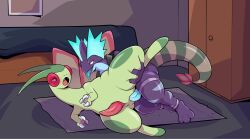 3_fingers anal anal_sex anthro blue_body blue_tongue blush carpet clothed clothing dragon duo feet feral fingers fishnet_clothing fishnet_legwear flygon generation_3_pokemon generation_8_pokemon genitals golden_bag_nero green_body hi_res inside legwear low_key_toxtricity luke_(luuklookyt) lying male male/male mostly_nude multicolored_body mythological_creature mythological_scalie mythology nintendo nude on_side partially_clothed penetration penis pink_tongue pokemon pokemon_(species) purple_body scalie sex striped_legs stripes thick_thighs toes tongue topwear toxtricity vest wings