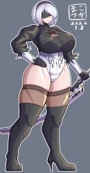 1girls big_breasts blindfold breasts clothing female female_only hairband huge_breasts light-skinned_female light_skin nier nier:_automata poyozodoll short_hair solo thick_thighs thighhighs white_hair yorha_2b