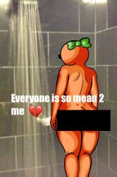 1girls ass censor_bar censored censored_ass chetoh completely_nude emoji everyone_is_so_mean_2_me female female_focus female_only impact_(font) leaf leaf_hair looking_down mandy_(chetoh) meme naked naked_female nude nude_female oc orange orange_body original original_character photo_background rear_view shower text white_text