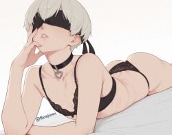 1boy 1femboy ai_generated ass big_ass big_butt blindfold bratinni choker lace lace_trim lingerie lying nier nier:_automata on_stomach otoko_no_ko parted_lips simple_background solo thick_thighs thighs yorha_9s