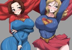 2d 2d_(artwork) 2girls ass big_breasts blonde_hair blue_bodysuit blue_eyes bodysuit breasts brown_hair cape covered_navel dc dc_comics dc_extended_universe dcu dual_persona female female_focus female_kryptonian female_only huge_breasts kara_zor-el kryptonian kunanstudio large_breasts latex latex_bodysuit latex_clothing latex_leotard latex_skinsuit leotard long_hair multicolored_bodysuit multiple_girls navel navel_visible_through_clothes pleated_skirt red_bodysuit red_cape red_skirt short_hair skinsuit skirt supergirl supergirl_(2026) supergirl_(dcu) supergirl_(sasha_calle) superheroine superman_(series) the_flash_(2023) the_flash_(series) thick_thighs
